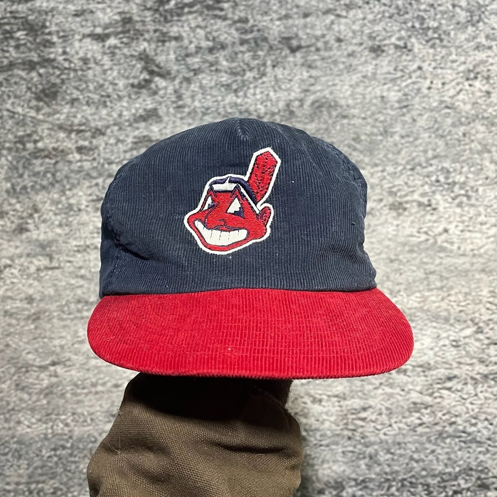 Cleveland Indians Corduroy Snapback Hat Vintage 90s Red Blue Embroidered‎ Logo
